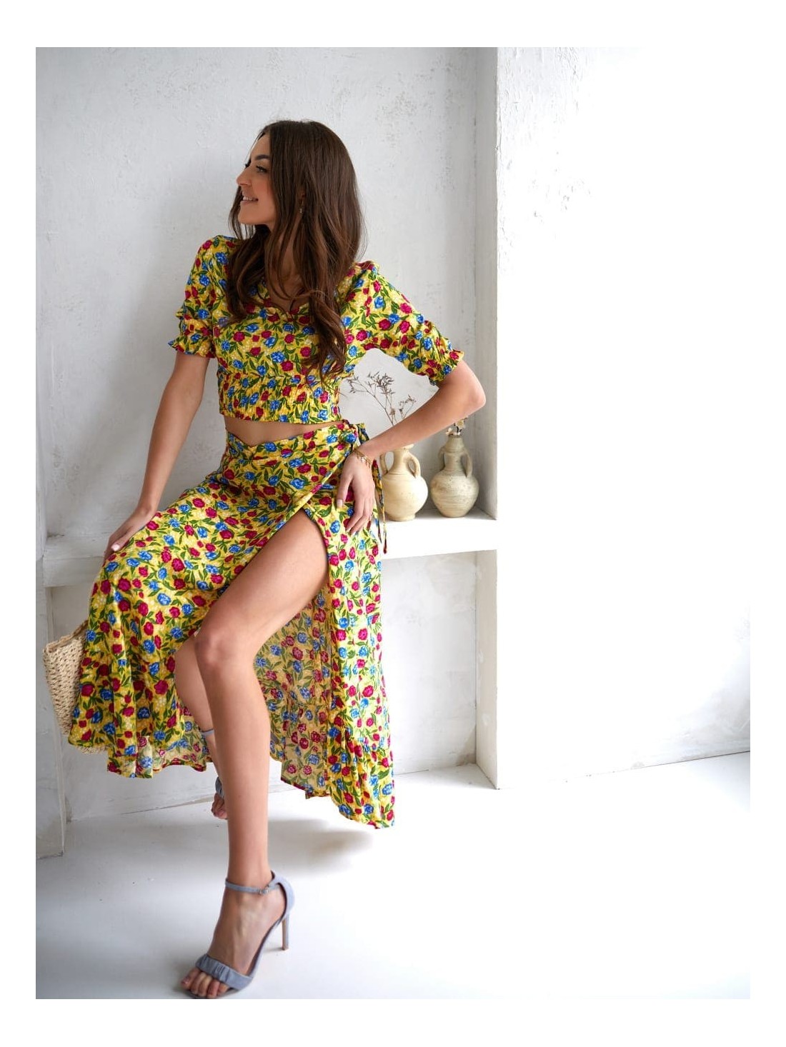 Summer set with flowers, yellow maxi blouse and skirt 3364 - Online store - Boutique